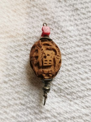 Vintage Chinese Hediao Carved Peach Pit Bead with Coral and Silver 