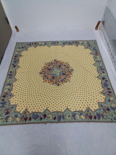 French Provencal Tablecloth Bandol Lis Cardello France 60" Sq Cotton Green Gold - Picture 8 of 11