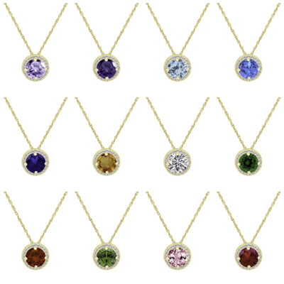 0.52 Ct 5.5mm Gemstone & Real Diamond 10K Yellow Gold Halo Pendant Necklace