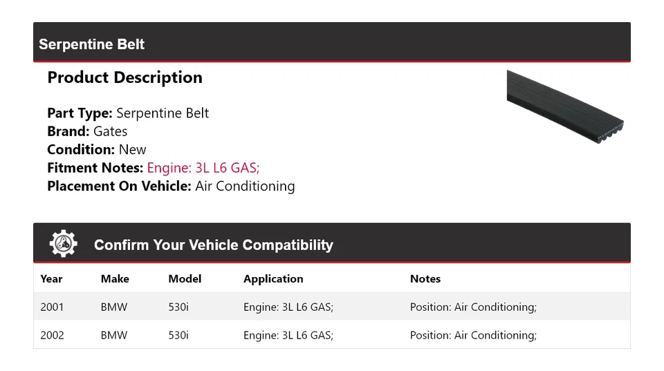 Correa serpentina de gas para puertas de aire acondicionado BMW 530i 2001-2002 3L L6 Foto 2 de 4