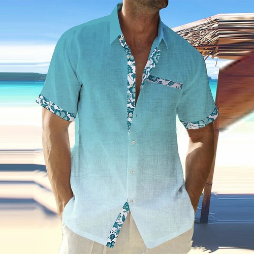 Mens Summer Shirts Button Down Gradient Hawaiian Loose Short Sleeve Casual Tops - Picture 4 of 35