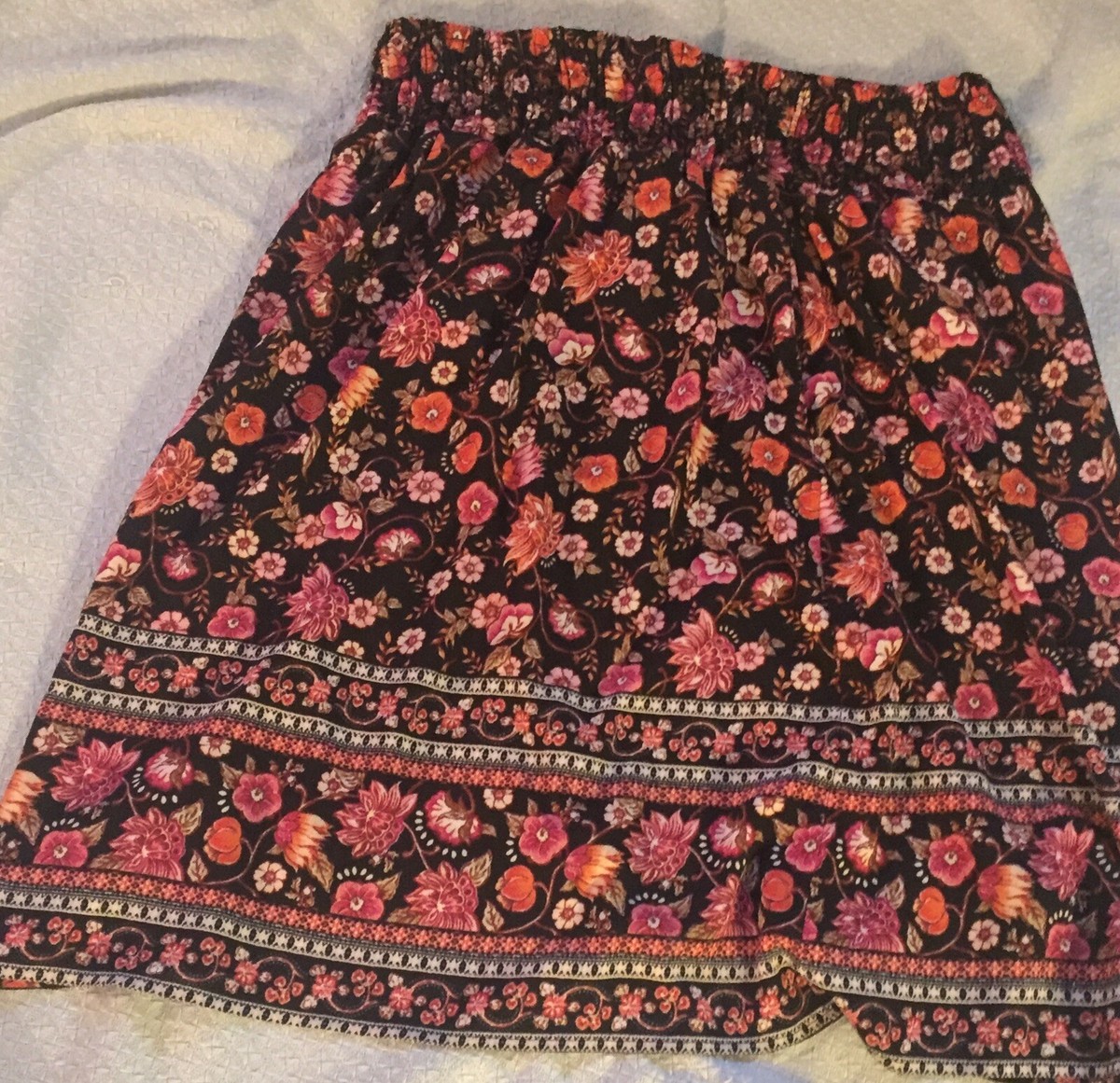 Bobaue Skirt High Low Floral Print Maxi Skirt Lg Black Floral Smocked Waist