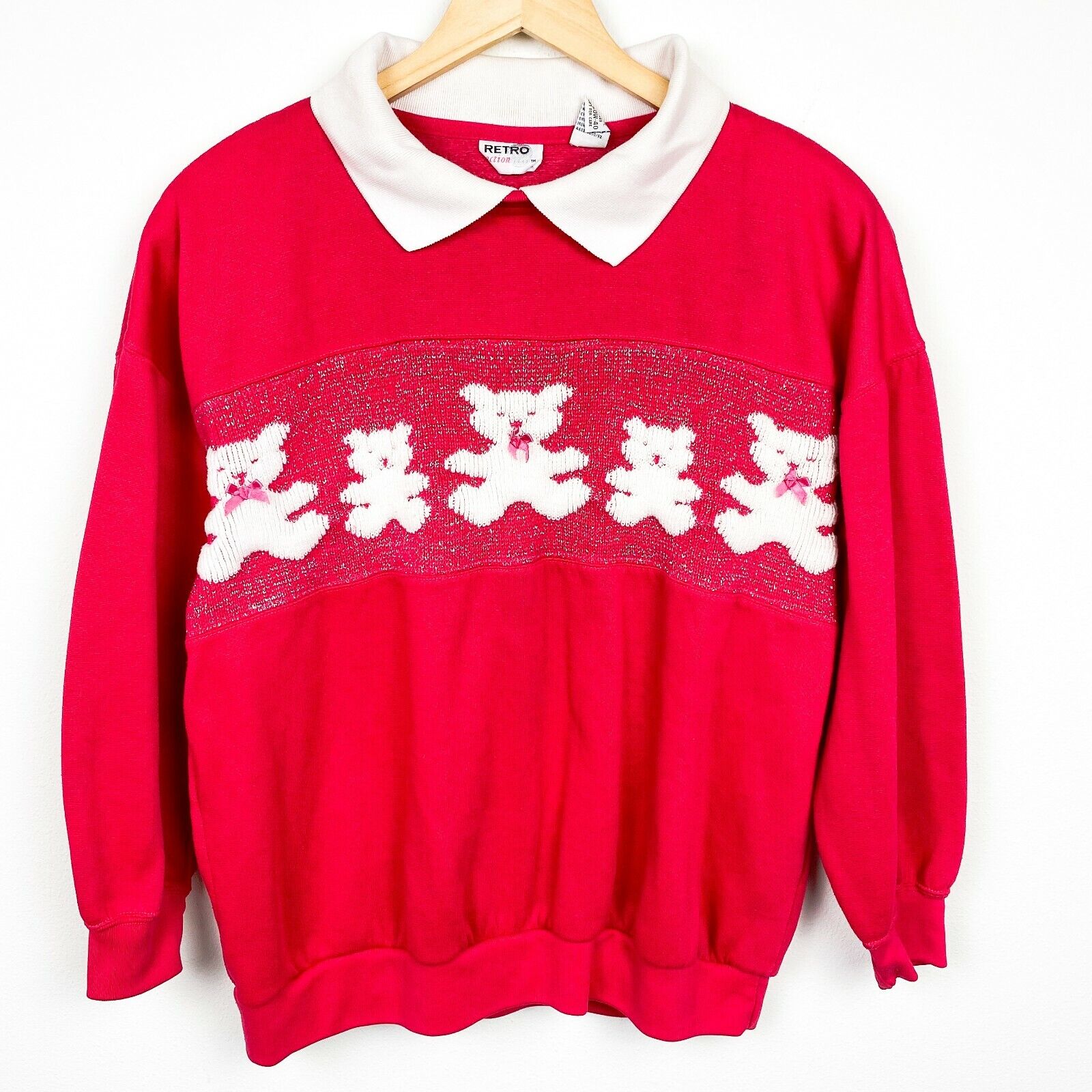 Vintage 80s pink teddy bear kawaii fairy kei Collared Pullover Sweater White Bow Świetna jakość, wysoka jakość