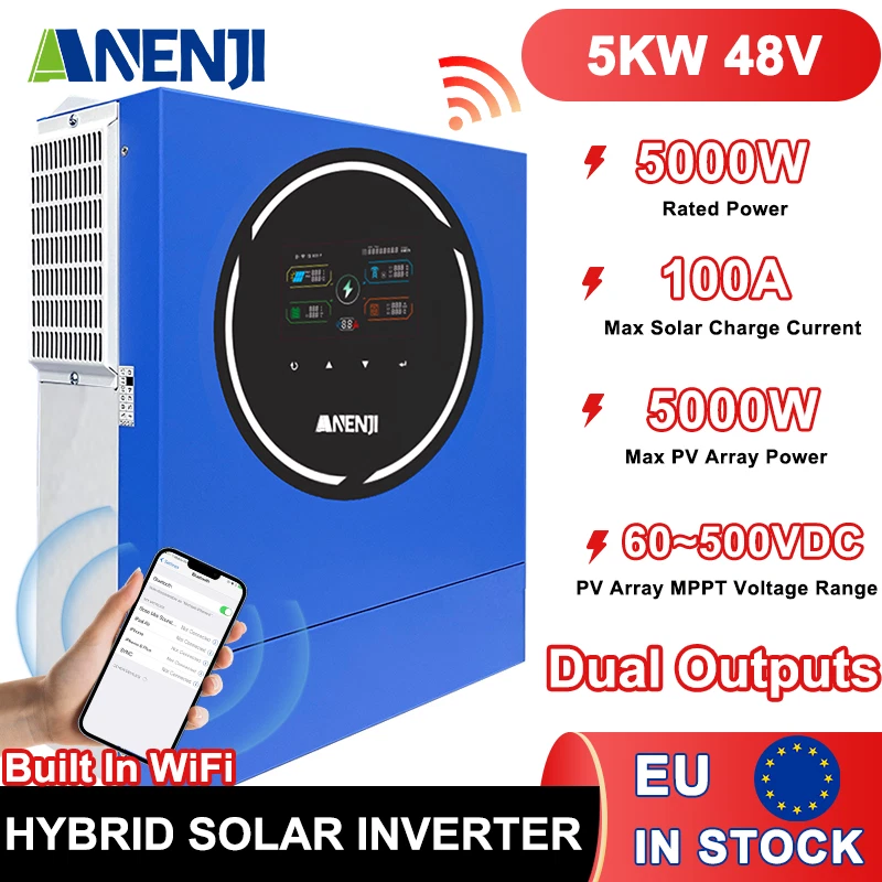 ANENJI 5KW 48V Hybrid Solar On Grid Off Grid Inverter MPPT 100A Pure Sine Wave 220Vac