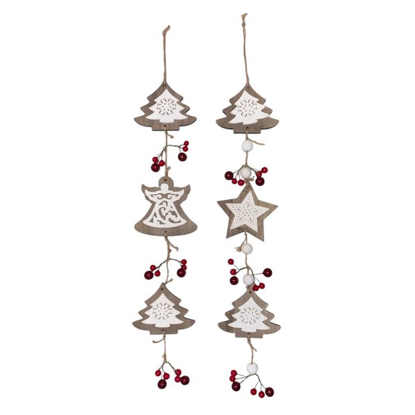 Weihnachten HäNgende Dekoration Set 2 Holz AufhäNger BäUme Star Engel Mit Beeren-image