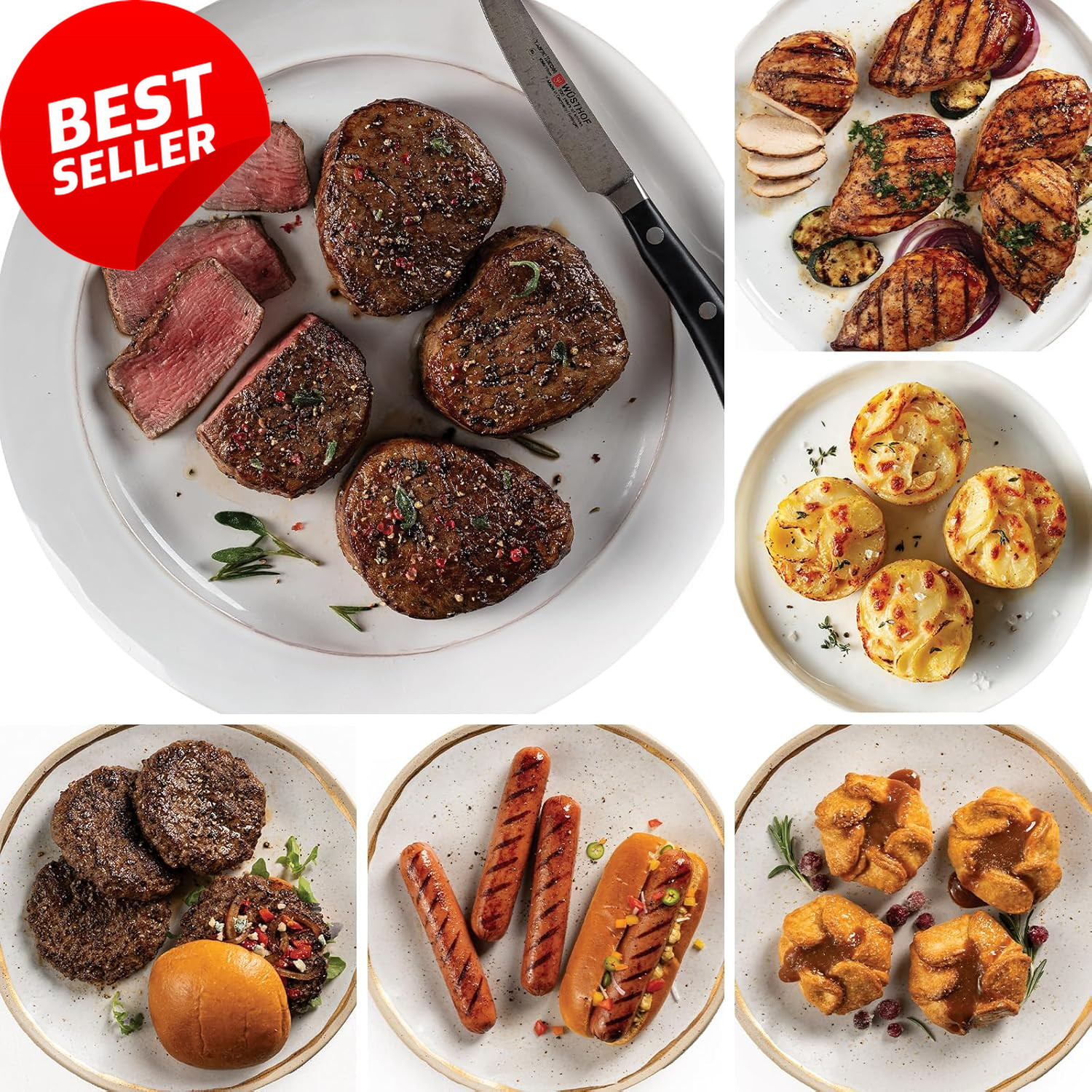 Paquete de regalo clásico filete mignon pollo hamburguesas francos lados postre y especias