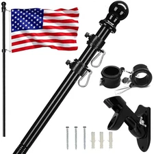 6FT Flag Pole Kit Heavy Duty Bracket Metal Pole With 2 Rotating Rings For Garden