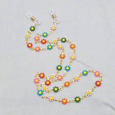 Multicolor Enamel Daisy Flower Eyeglass Chain Holder Gold tone 21"