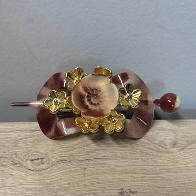 Floral Hair Barrette Stick Pin Burgundy Resin Flower Gold Tone Statement Clip - Image 1 of 4