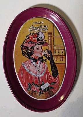 1973 Coca-Cola Lady Tip Tray Small Oval Tin Mini Change Plate 6 x 4.5 Inch Clean