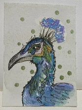 OOAK ACEO Peacock Portrait Impressionist Metallic Granulating Watercolor Scribbl