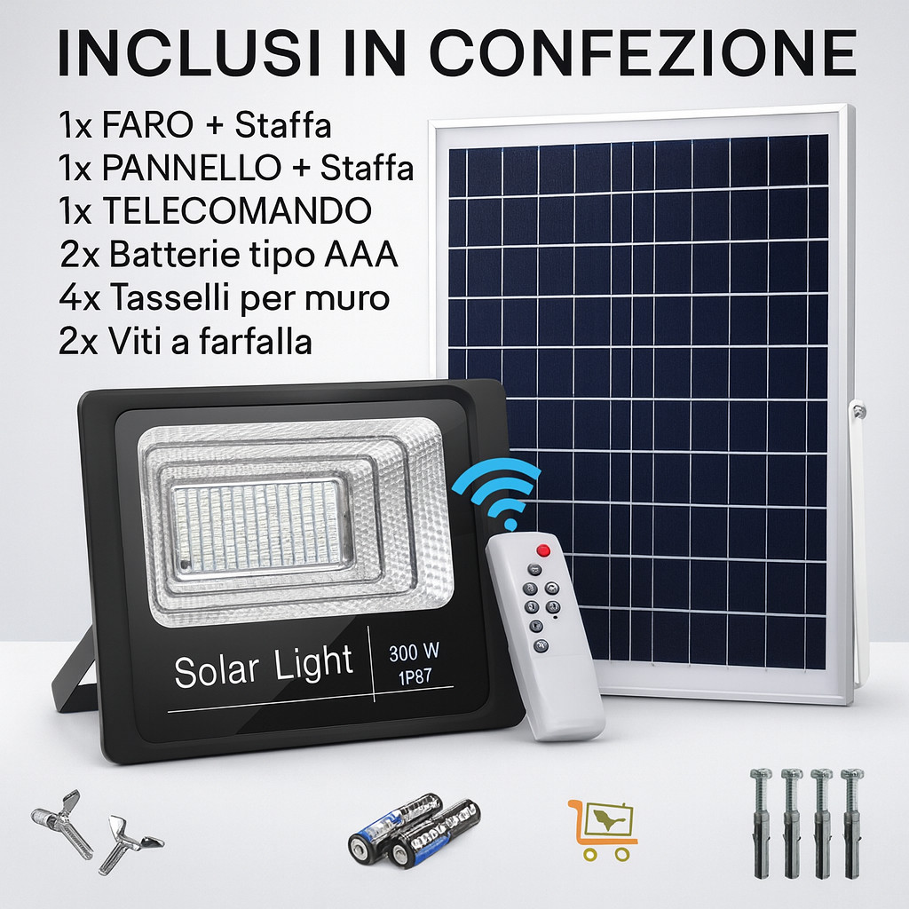 Faro LED Solare 800W + Pannello e Telecomando Impermeabile IP67 Esterno Giardino