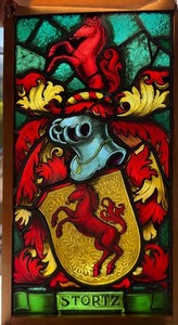 Antique Heraldic Stained Glass Panel Shield Horse German, 19th Century  Stortz