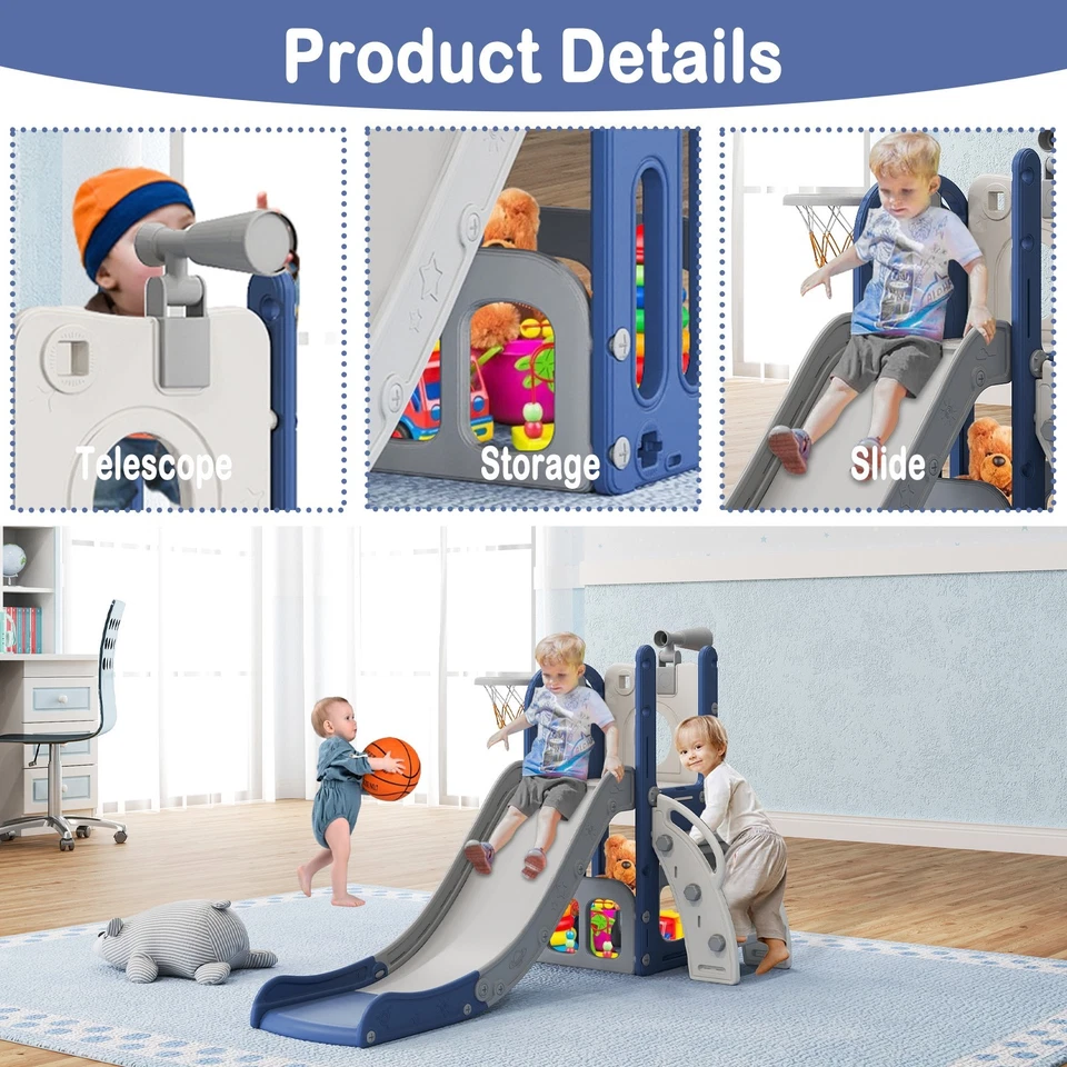 Tobogán 6 en 1 para niños pequeños con baloncesto y telescopio, juego de interior para edades de 1-3 Foto 3 de 4