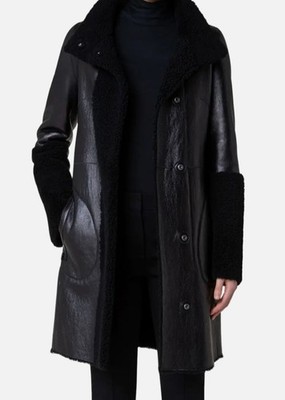Akris Punto Women's Black Lamb Shearling Patchwork Button-Snap Coat Size 10