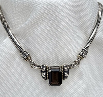 Lagos Caviar Smoky Quartz Necklace Sterling Silver 18K Gold Snake Chain 16.25 