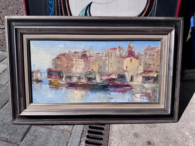 tableau peinture à l'huile representant le port de st tropez - Photo 1/4