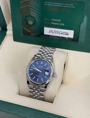 2022 Rolex Datejust Blue Dial Smooth Bezel Jubilee 36mm Automatic Watch 126200