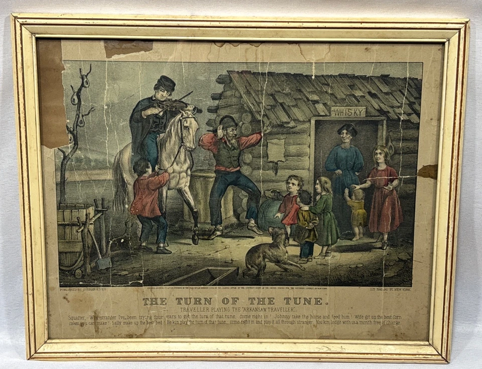 Antigua canción original de 1870 Currier & Ives The Turn of The Tune Arkansas Traveler Foto 2 de 4