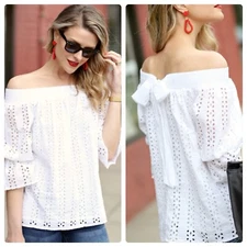 a.n.a. A New Approach White Eyelet Top Off Shoulder Sz L Bow On Back Bell Sleeve
