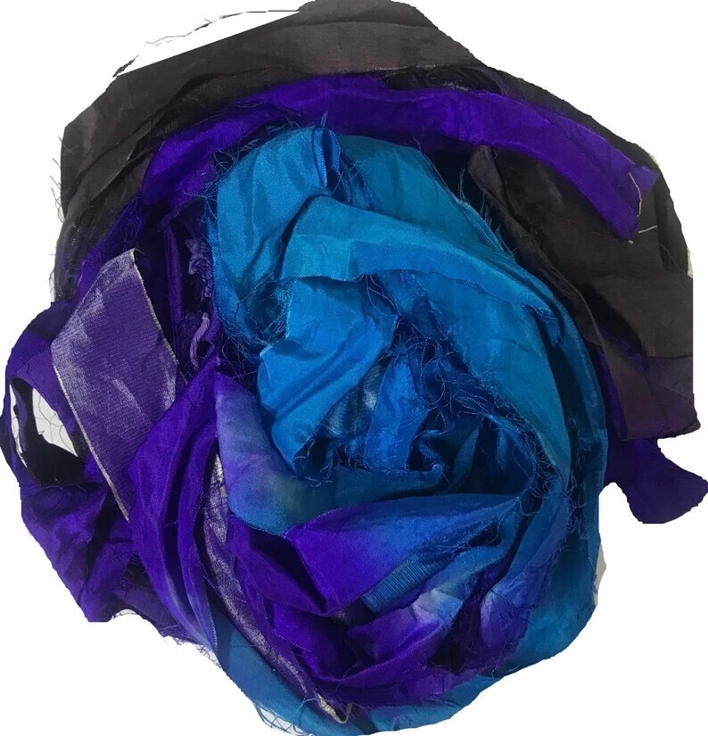 Recycled Sari Silk Ribbon - Blue Purple Brown - Sari Silk Ribbons - Silk Strips - Image 4 of 4