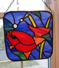 Stained Glass Window Hanging Sun Light Catcher Orange Blue Fish Water Sea 7.5"