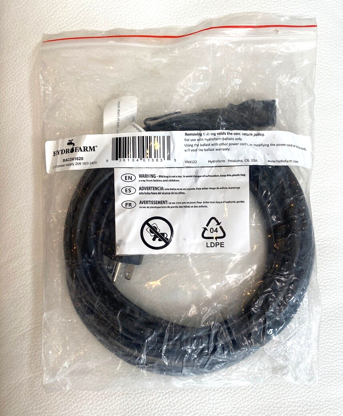 HYDROFARM Ballast Extension Power Cord 20' 240V 16/3