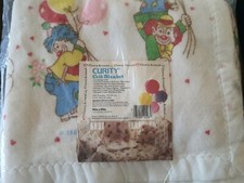 Vtg CURITY Acrylic Baby Blanket Satin Trim CLOWNS BALLOONS HEARTS 40" 45" NEW