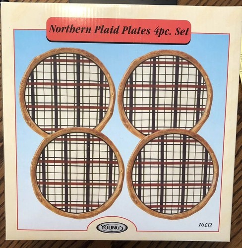 Young's Heartfelt Kitchen Creations DINNER PLATES NEW Rustic Plaid Set of 4