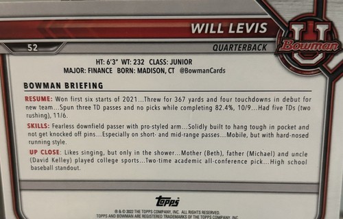 2021-22 Bowman University - #52 Will Levis (RC) - Picture 2 of 2