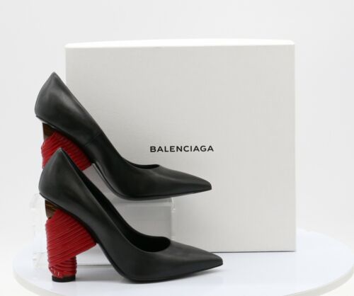 BALENCIAGA LADIES BLACK LEATHER RED WRAPPED HEEL PONTED TOE  RRP £485 C - Picture 1 of 9