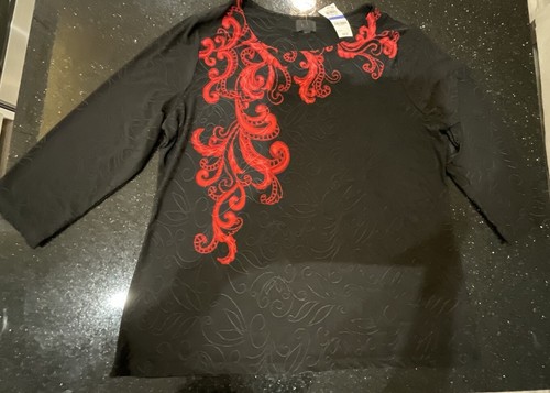 HM Collection Women’s XL Dressy Black & Red 3/4” Sleeve Top NWT - Picture 2 of 12