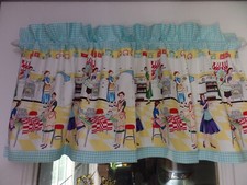 1950's RETRO Kitchen Valances, Home Ec, Women Working In Aprons In Kitchen, Aqua