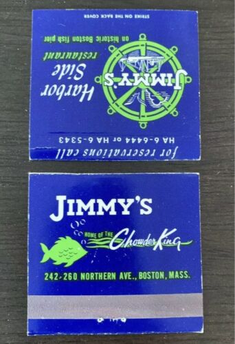 Rare Vtg Matchbook Cover Boston Mass. Jimmy's Chowder King Harbor Side Rest. '73 - Picture 1 of 5