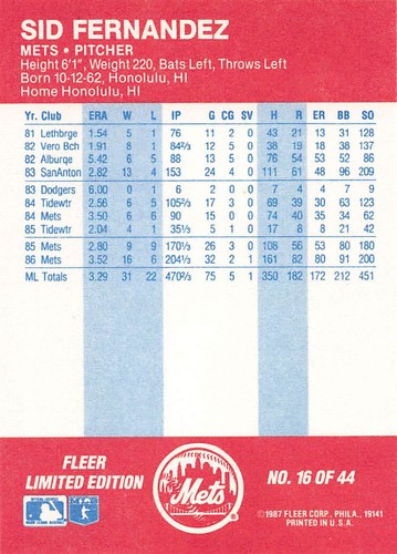 Sid Fernandez 1987 Fleer All Stars Baseball card #16 New York Mets - Picture 2 of 2