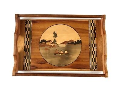 Vintage großes Holz Serviertablett rechteckig Intarsien alt Massivholz 