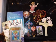 LOT OF 12 RELIGIOUS ITEMS, STATUES, BOOKS , CROSS, , ROSARY, 