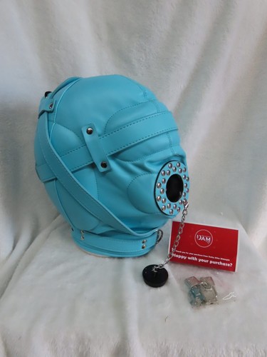 Blue Or Pink Sensory deprivation bondage hood with Plug, faux leather, locking - Picture 9 of 18