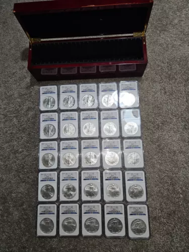 🌟 1986-2010 American Eagle Silver Coins NGC MS69 25 Year Set #/1500 w/Wood Case