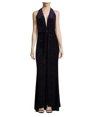 BCBGMAXAZRIA Women's Leopard Burnout Halter Gown - Plum Black Combo - Size L BCBGMAXAZRIA Women's Leopard Burnout Halter Gown - Plum Black Combo - Size L