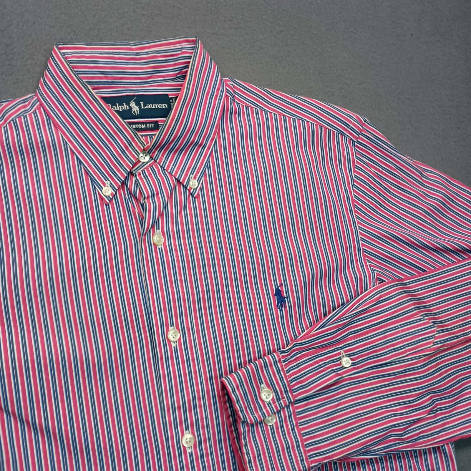 Ralph Lauren Camicia Uomo Media 15 5 Rosso Blu Bianco Verticale Righe Pony Personalizzata