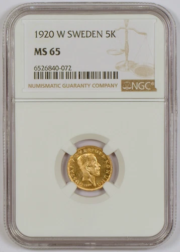 1920-W Sweden 5 Kronor Gold Coin with Gustaf V Graded MS65 by NGC