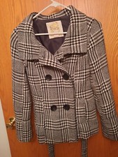 Wet Seal Women’s Black And Ivory Plaid Wool Blend Coat Size S
