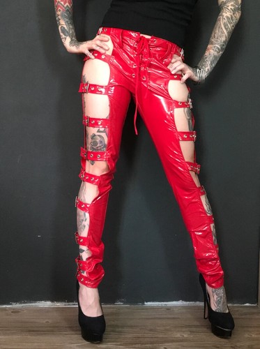 PVC Red Leather pants with Buckle Side Closure in Red Lace up Goth - Picture 6 of 7