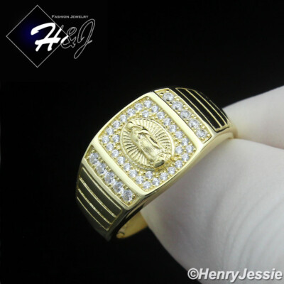 MEN 925 STERLING SILVER ICY CZ GOLD PLATED VIRGIN MARY SQUARE RING SIZE 7-12*219