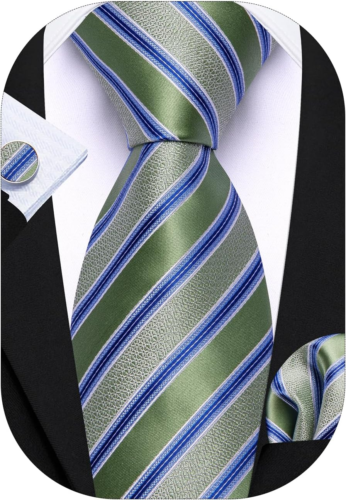 Stripe Men Ties Set Classic WOVEN Necktie with Handkerchief Cufflinks Formal - Picture 22 of 83