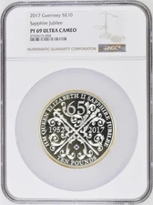 TOP POP - 2017 Guernsey 5 OZ. Silver £10 Sapphire Jubilee Proof NGC PF69
