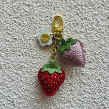 Real Sheepskin Leather Strawberry Bag Charm Keychain Car Key Fob Handmade Gift