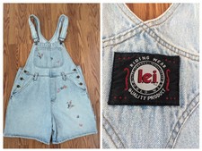 90s Vintage L.E.I. Shortalls lei embroidered overalls bib shorts denim jeans USA