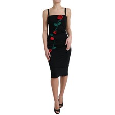 Dolce & Gabbana Black Wool Sleeveless Rose Applique Women's Dress Authentic